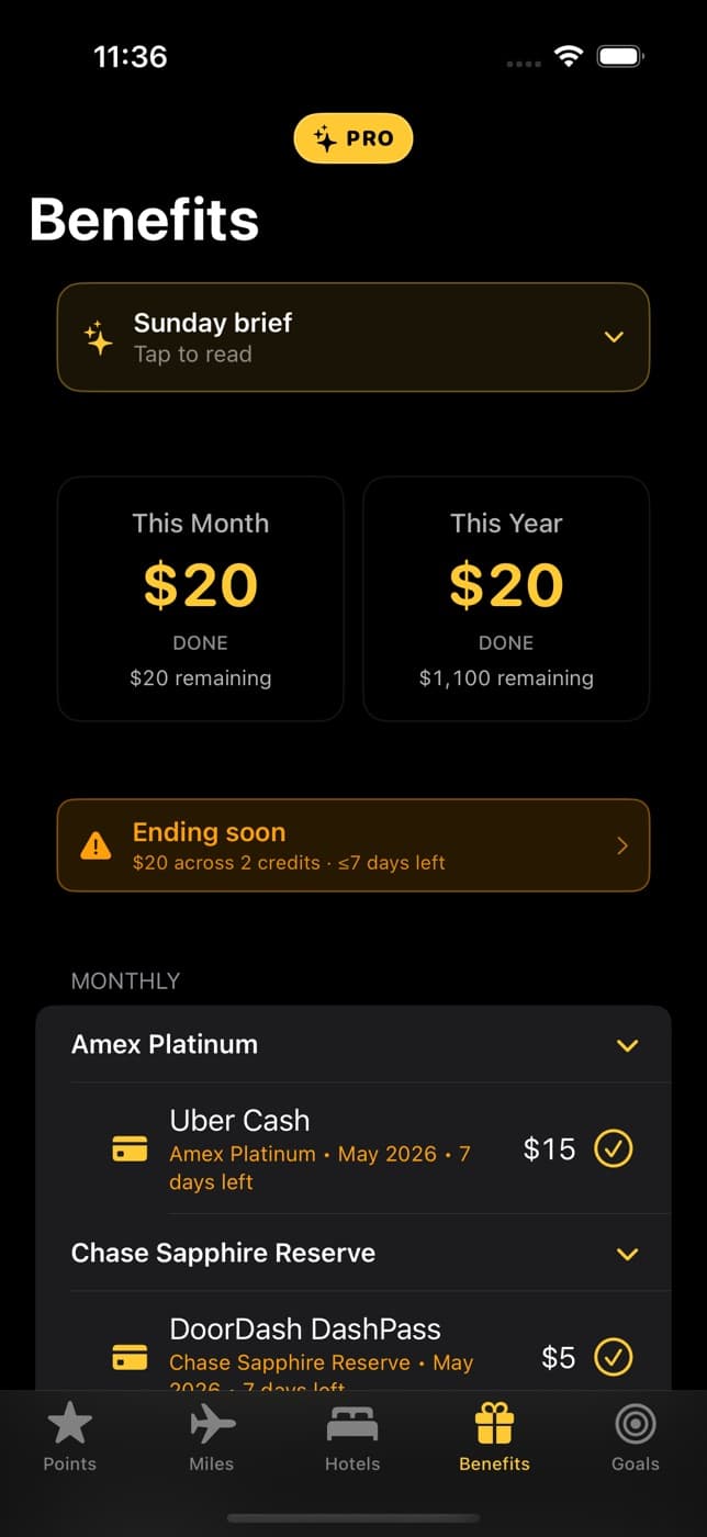 PointsCraft Benefits tab showing this month's available credits across cards.